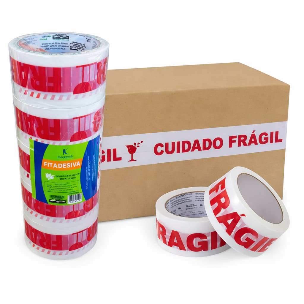 Fita Adesiva Cuidado Frágil 48mm x 50m Alta Resistência para Embalagem e Envio Kit 5 ou 10 Unidade