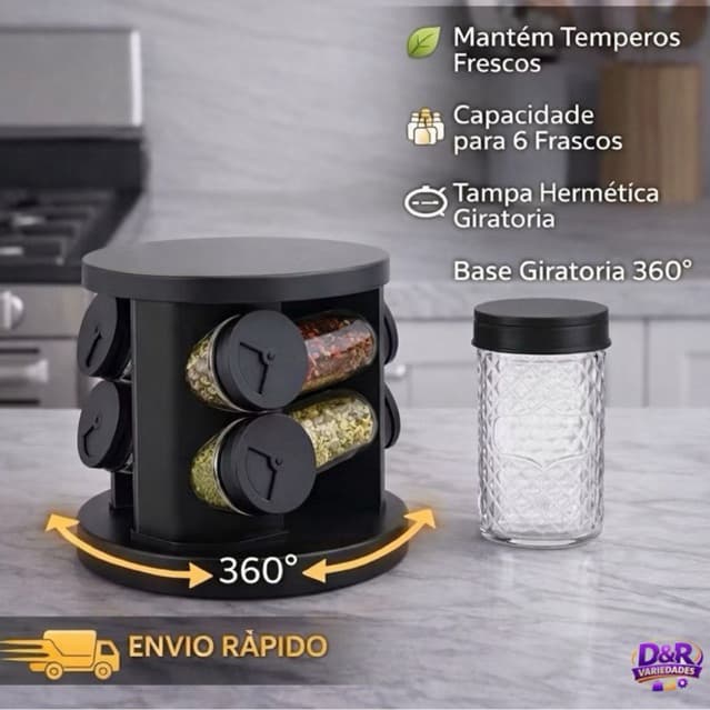 Porta Temperos e Condimentos| Giratório| 6 Potes de Vidro 85ml| Organizador, Elegância e Praticidade na Sua Cozinha
