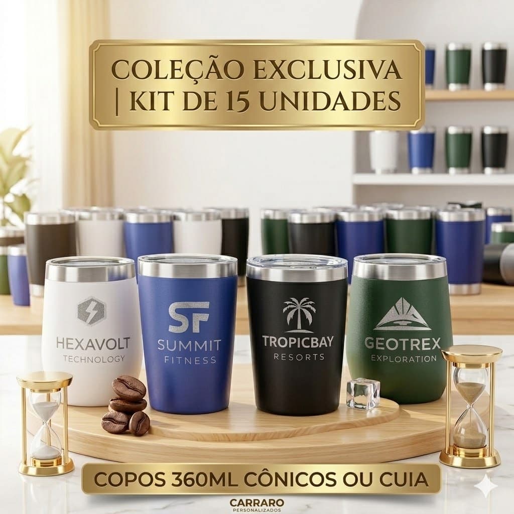 Kit 15 Unid Copo Térmico 360ml Inox Cônico ou Cuia – Gravação a Laser Personalizada Exclusiva
