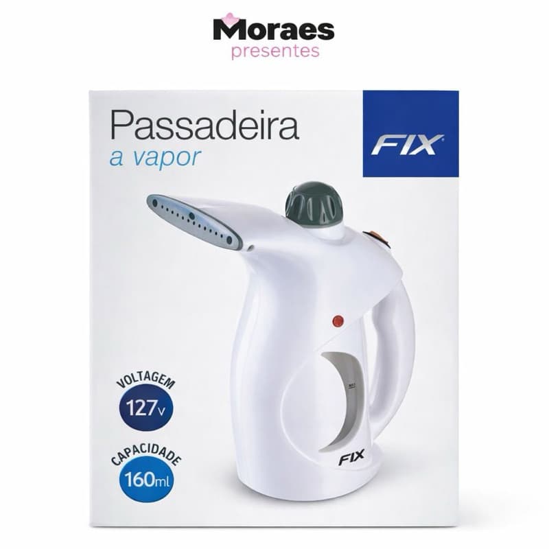 Passadeira a vapor FIX 127V, portátil e prática, remove amassados com rapidez e facilidade no dia a dia.