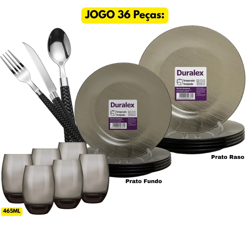 Jogo Kit 36 Peças Pratos Vidro Diamante Fumê Fundo + Raso + Copo Aruba 465ML + Talheres Gramado Inox