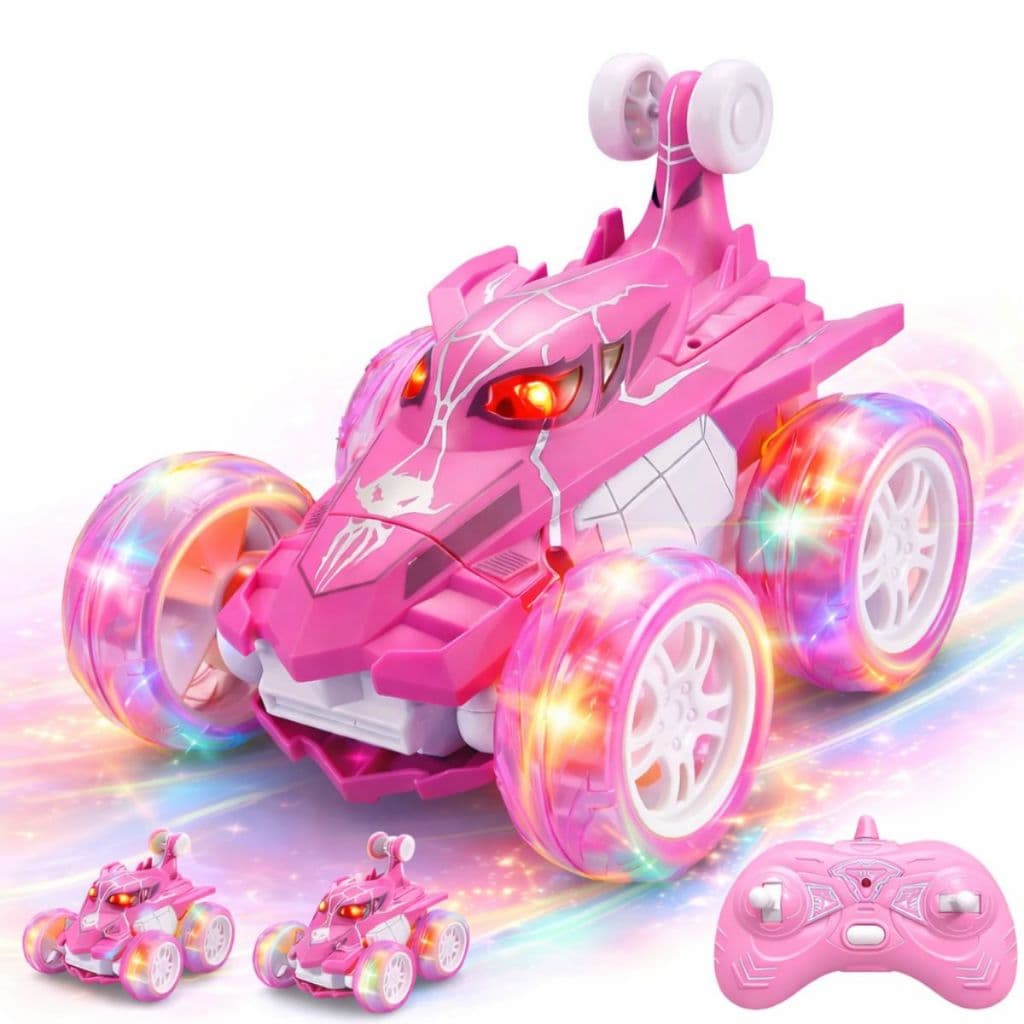 Brinquedo Carrinho Controle Remoto Menina Acrobáta Recarregável LED Rosa Stunt 360 Infantil