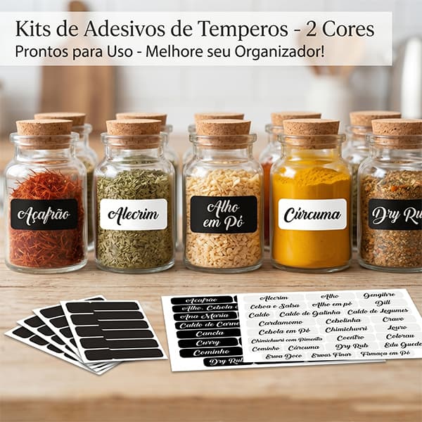 Kit de Adesivos, etiquetas Para Temperos - Prontos para Uso - Melhore seu Organizador