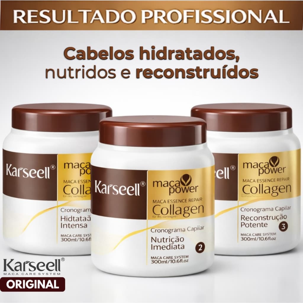 Kit Karseell Cronograma Capilar Hidratação Nutrição Reconstrução Máscara Capilar Profissional 300ml