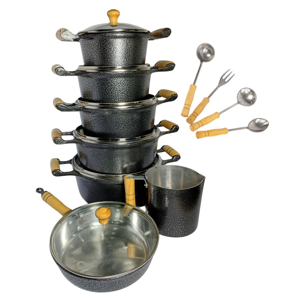 Panela Caçarola Alumínio Batido 14 a 24 CM  + Canecão + Frigideira + 4 Talheres com cabos de madeira