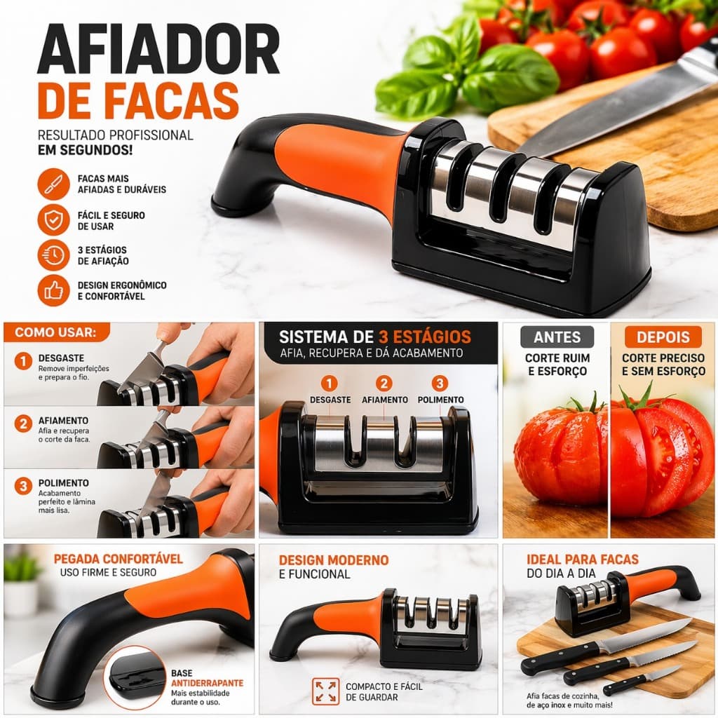 Amolador Afiador de Facas Profissional 3 Estágios Manual Cozinha com Base Antiderrapante