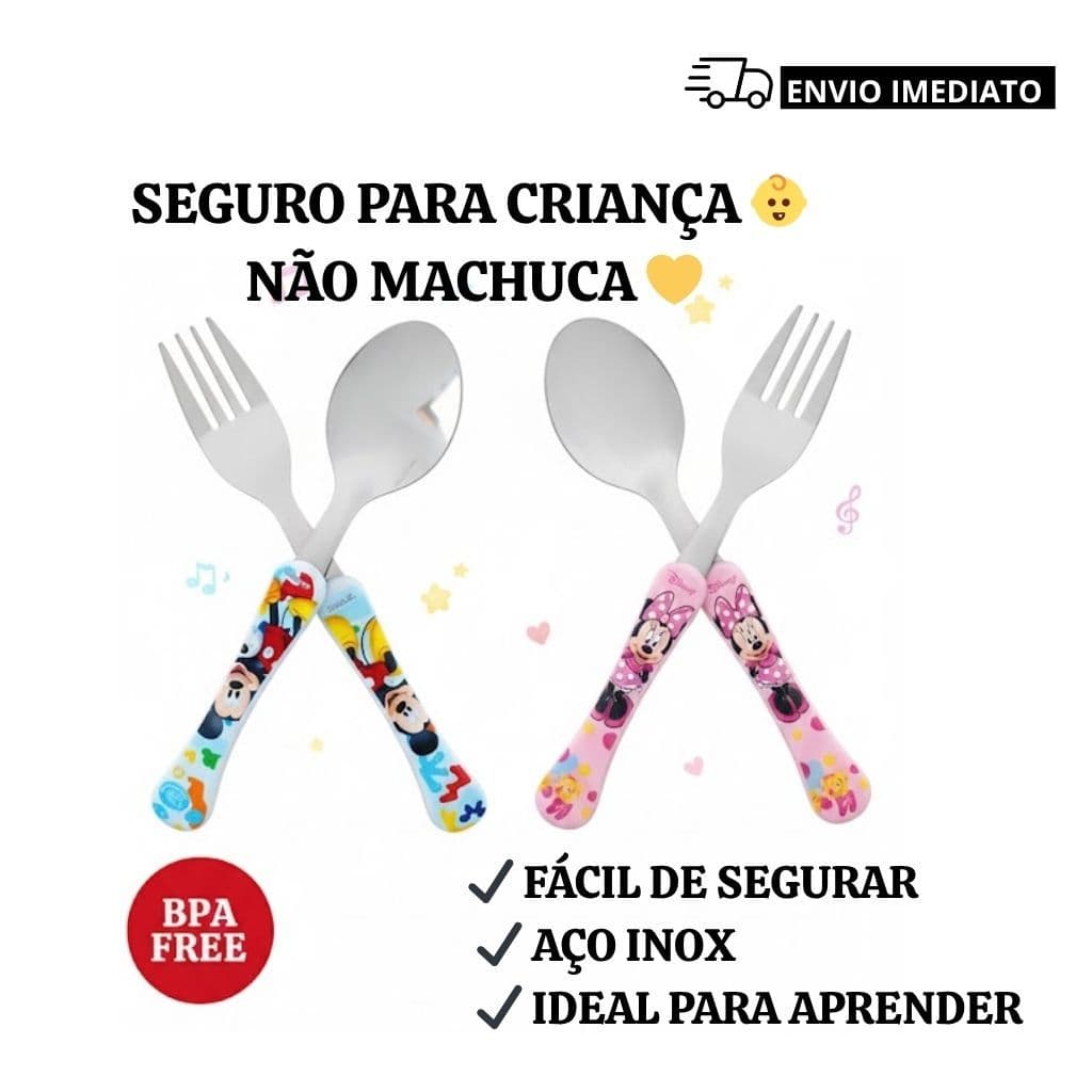 Talheres Infantil Colher e Garfo Aço Inox Cabo Anatômico Bebê Criança Seguro BPA Free