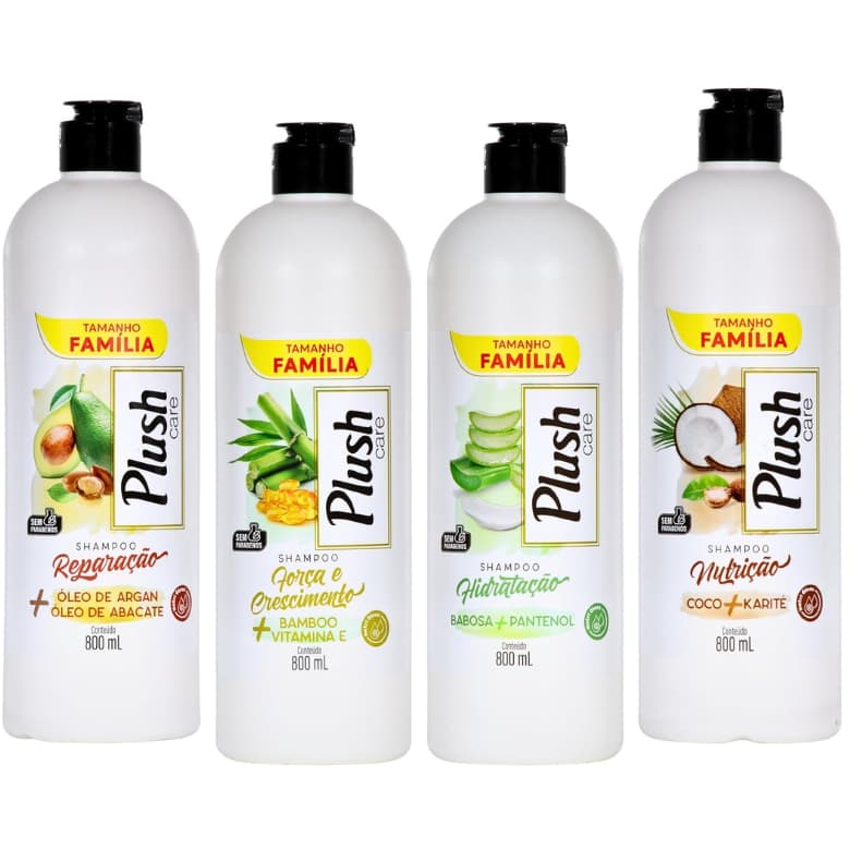 Shampoo e Condicionador Plush Care 800ml l Nutrição; Reparação; Força e Crescimento; Hidratação