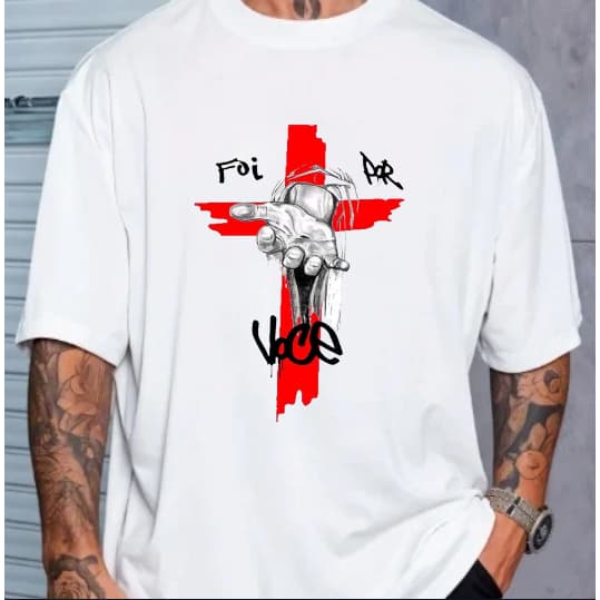 Camiseta Oversized Premium Religiosa Estampa Cruz Foi Por Você