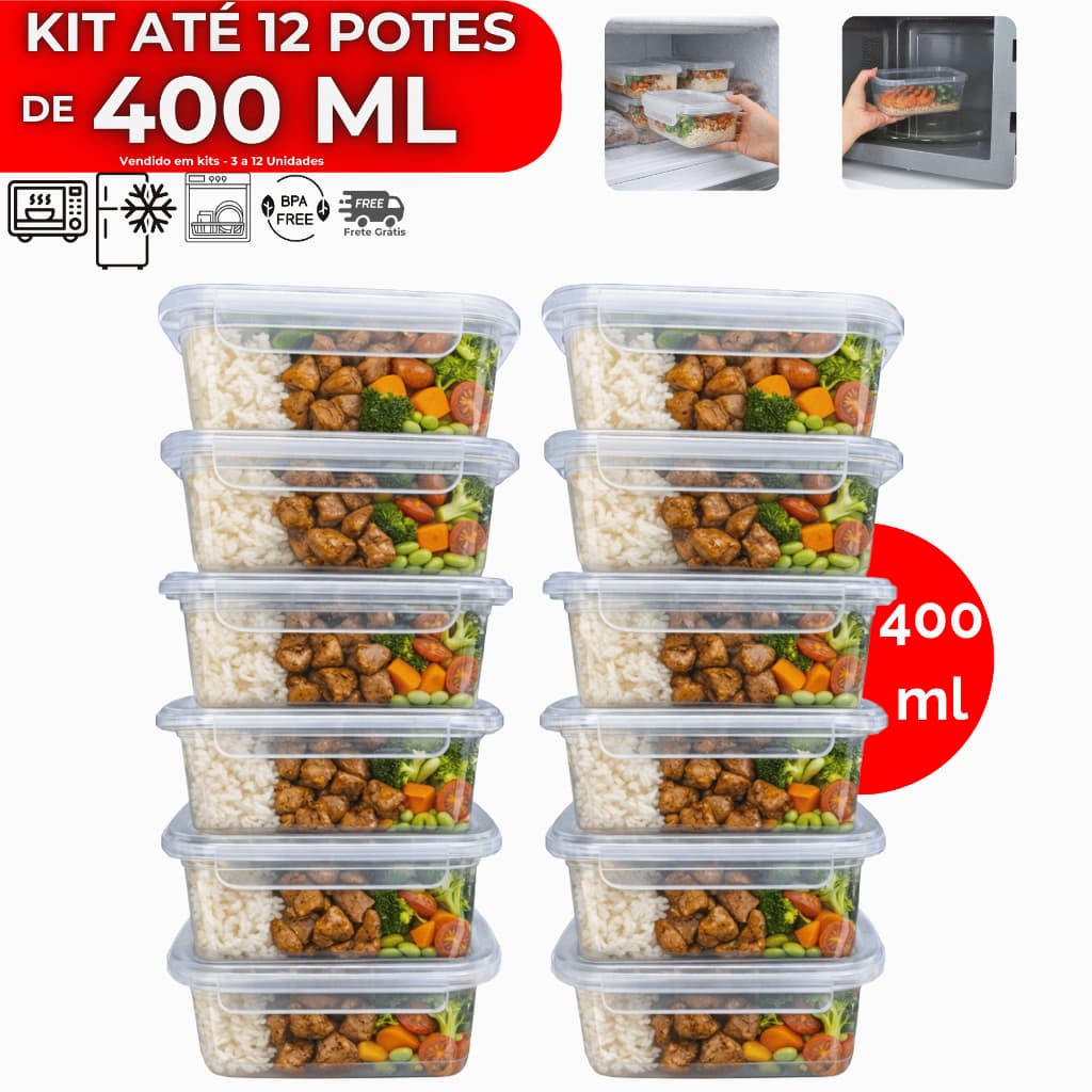 Kit até 12 Potes 400ml Pote Com Tampa 4 Travas Alta Vedação Não Vaza Marmitas Fitness Saladas
