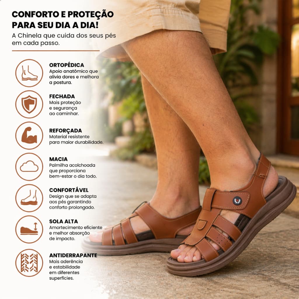 Sandalia Masculina Ortopedica  Couro Ecologico Sola Anti Stress Anti Derrapante Couro Legitimo