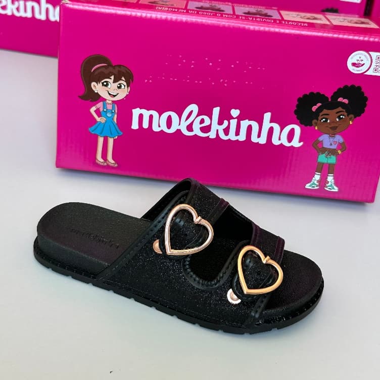 Sandália Feminina de Fivela Papete de Brilho Coração Molekinha Infantil 26 ao 34