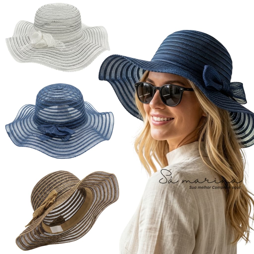 Chapéu de Sol Praia Feminino Grande com Laço Proteção Solar Verão NYLON