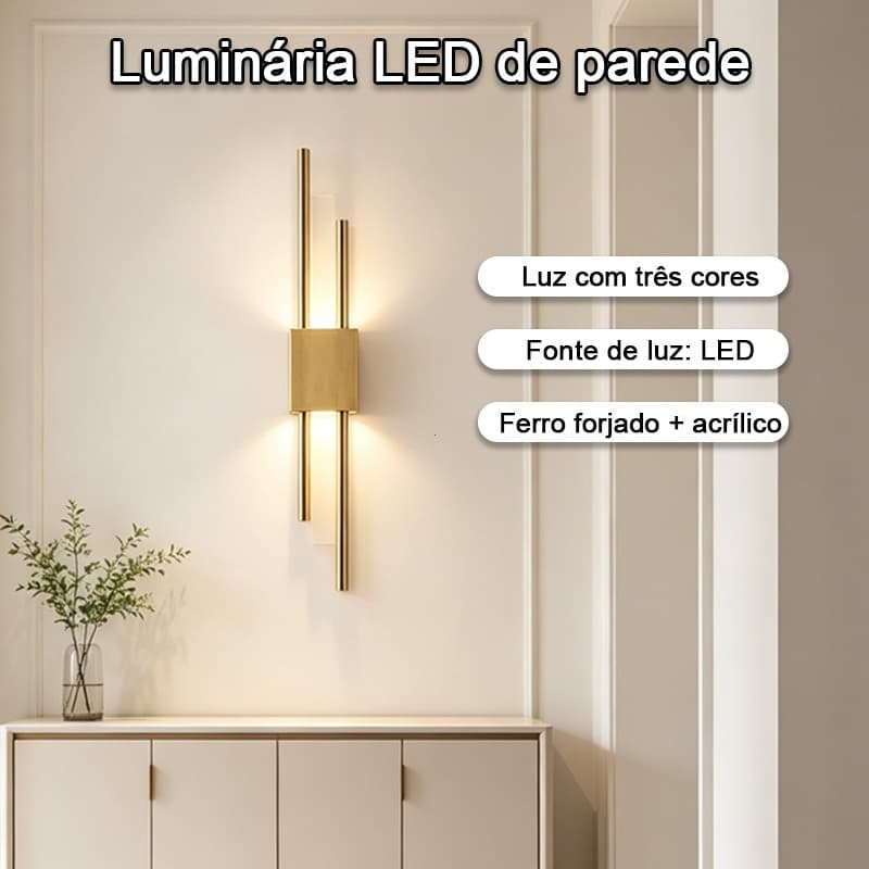 Luminária Parede LED 3 Cores Luz, Moderna Dourada Ferro e Acrílico para Quarto/Sala