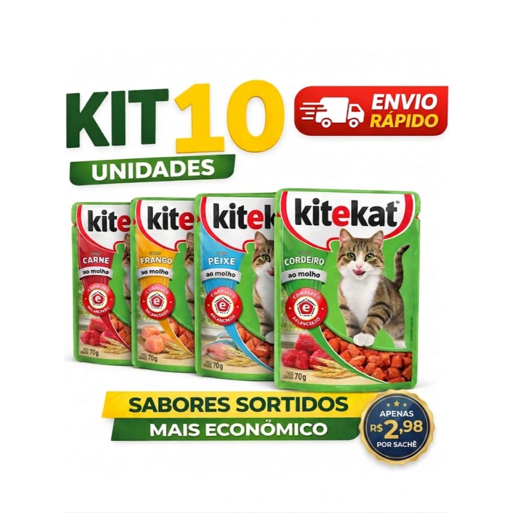 Kitekat Sachê 70g para Gatos | Kit 10 Unidades | Ração Úmida Completa | Sabores Sortidos Alta Aceitação