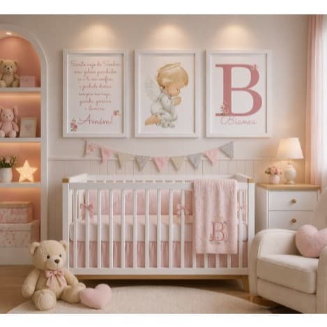 Quadros para quarto de bebê Santo Anjo com Anjinho rezando Inicial e Nome - Azul -Rosa-Verde