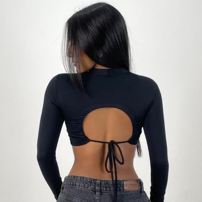 Cropped Feminino Costa Nua Manga Longa com Amarração em Suplex Premium Pâmella