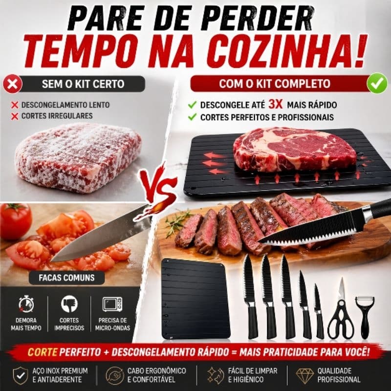Kit Facas Profissional 6 Peças Inox + Tábua Descongelamento Rápido Cozinha Chef Completo