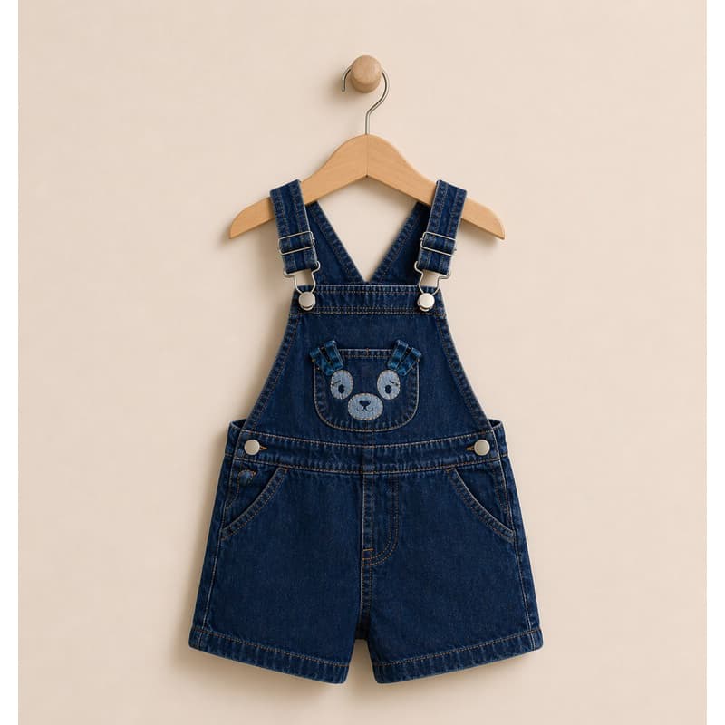 Macacao Jardineira Jeans Infantil Menino Ursinho Bordado Confortável Bebê