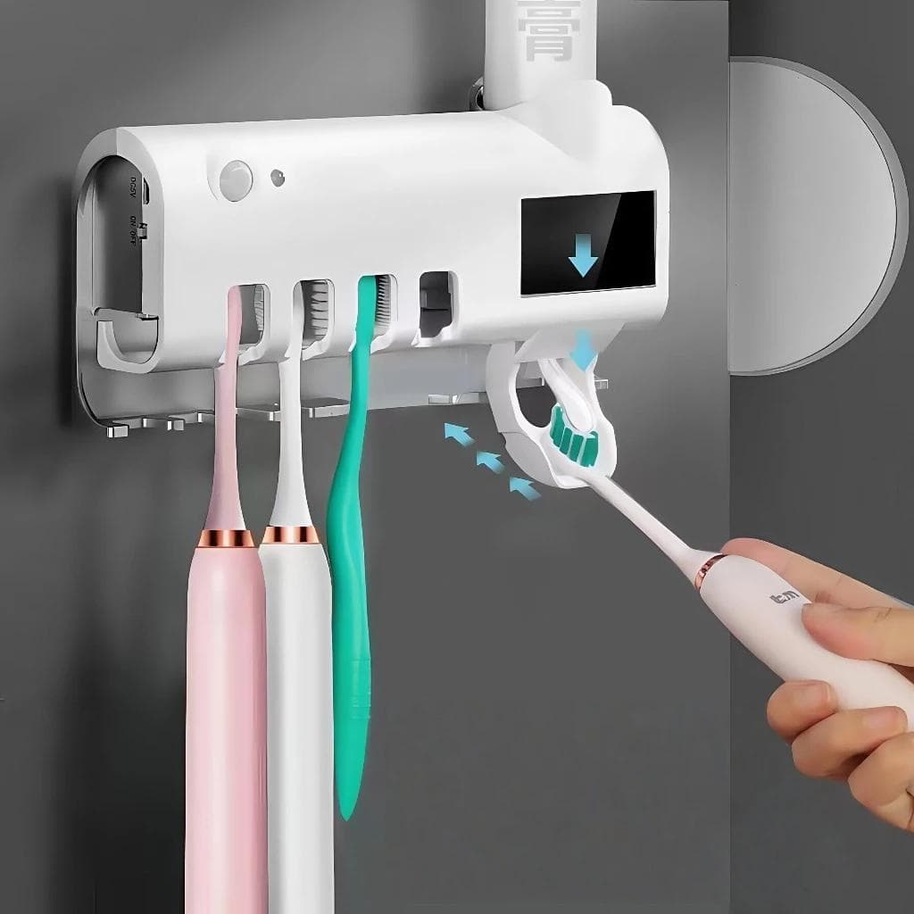 Dispensador inteligente de pasta dentária com esterilizador UV e porta de pincel – Automático e Prático
