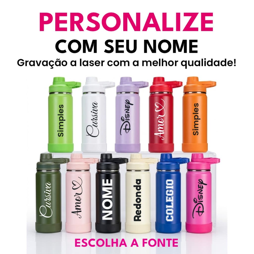 Garrafa Térmica 550ml Inox Personalizada NOME - Base Silicone Alça Esporte Trabalho Academia Escola