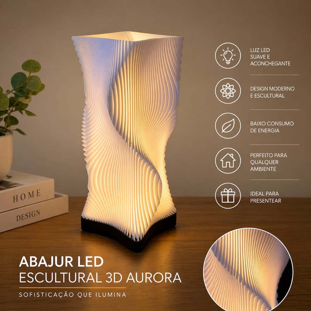 Abajur LED 3D Moderno Aurora Luminária Decorativa Minimalista Luz Ambiente Quarto Sala