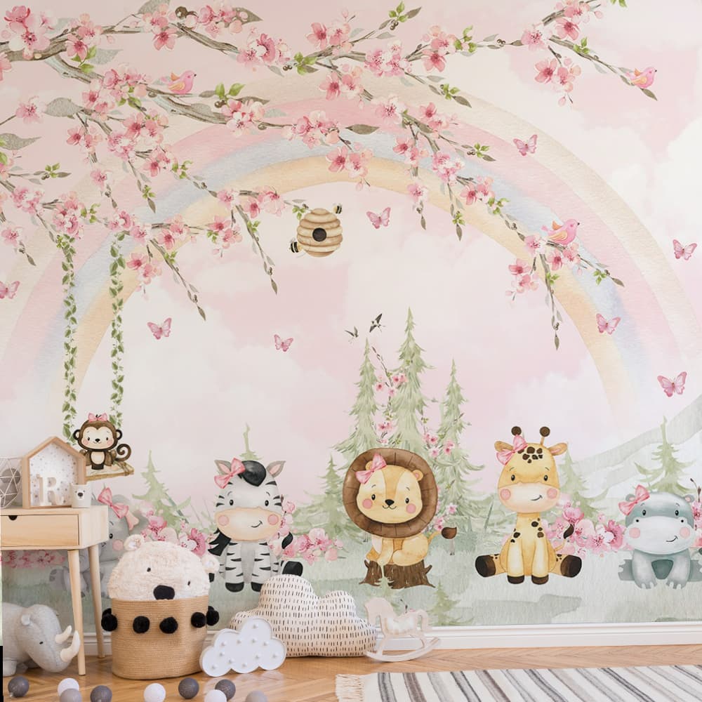 Papel De Parede Adesivo Infantil Safári Floral Aquarela Rosa - Vinil Autocolante