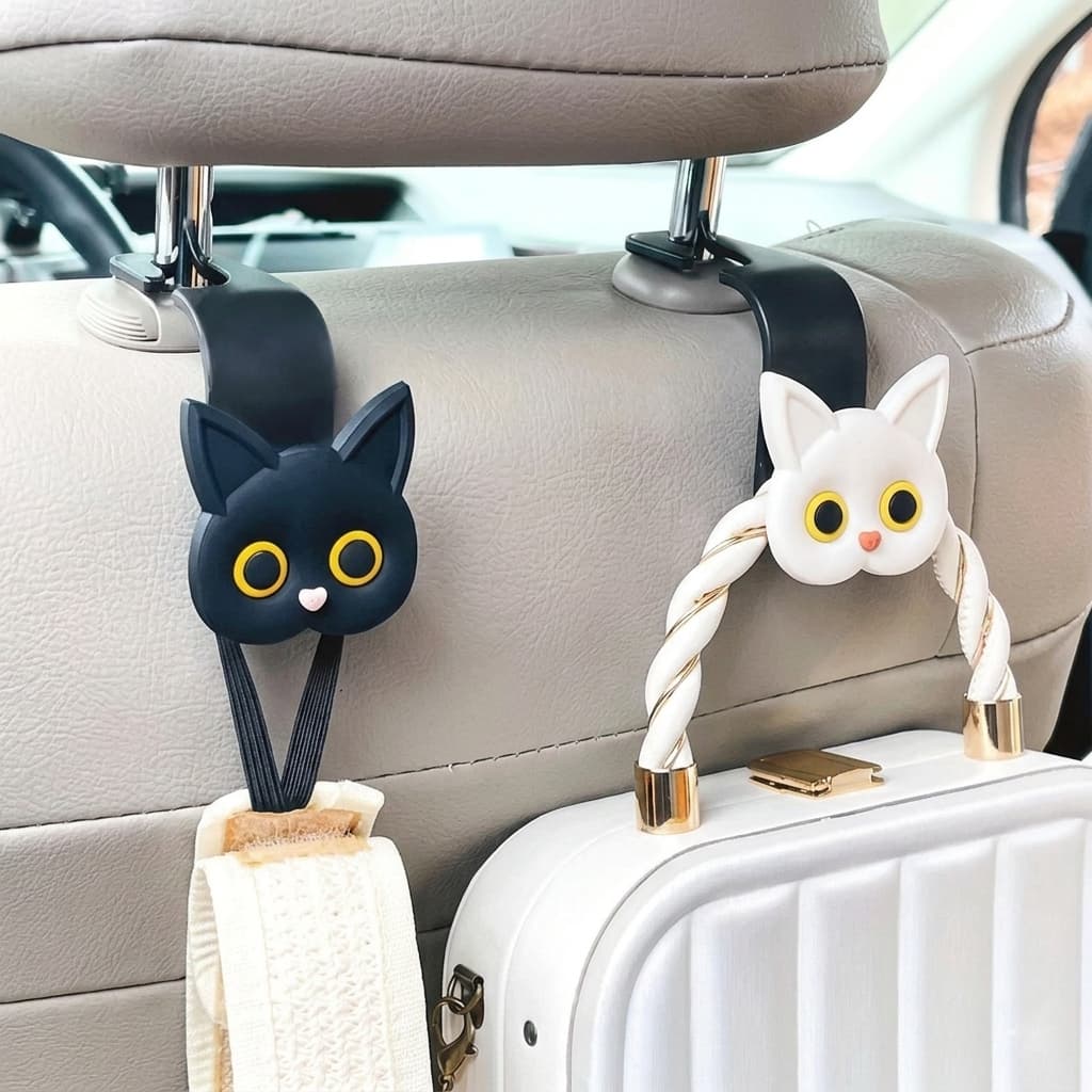 Kit 2 Ganchos de Banco Carro Formato Gato Kawaii | Suporte Cabide Encosto Assento Organizador Fofo