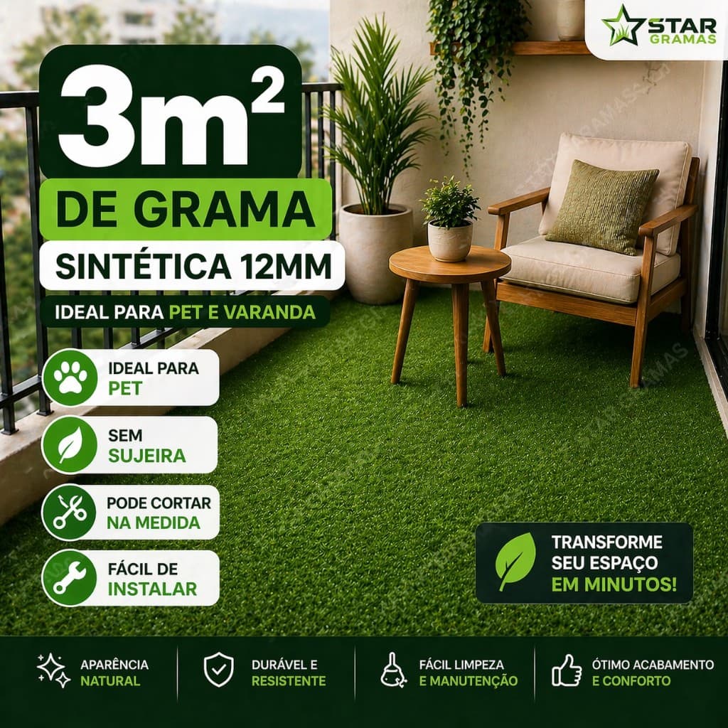Grama Sintética 3m² para Jardim Varanda Pet Fácil Instalação Alta Durabilidade