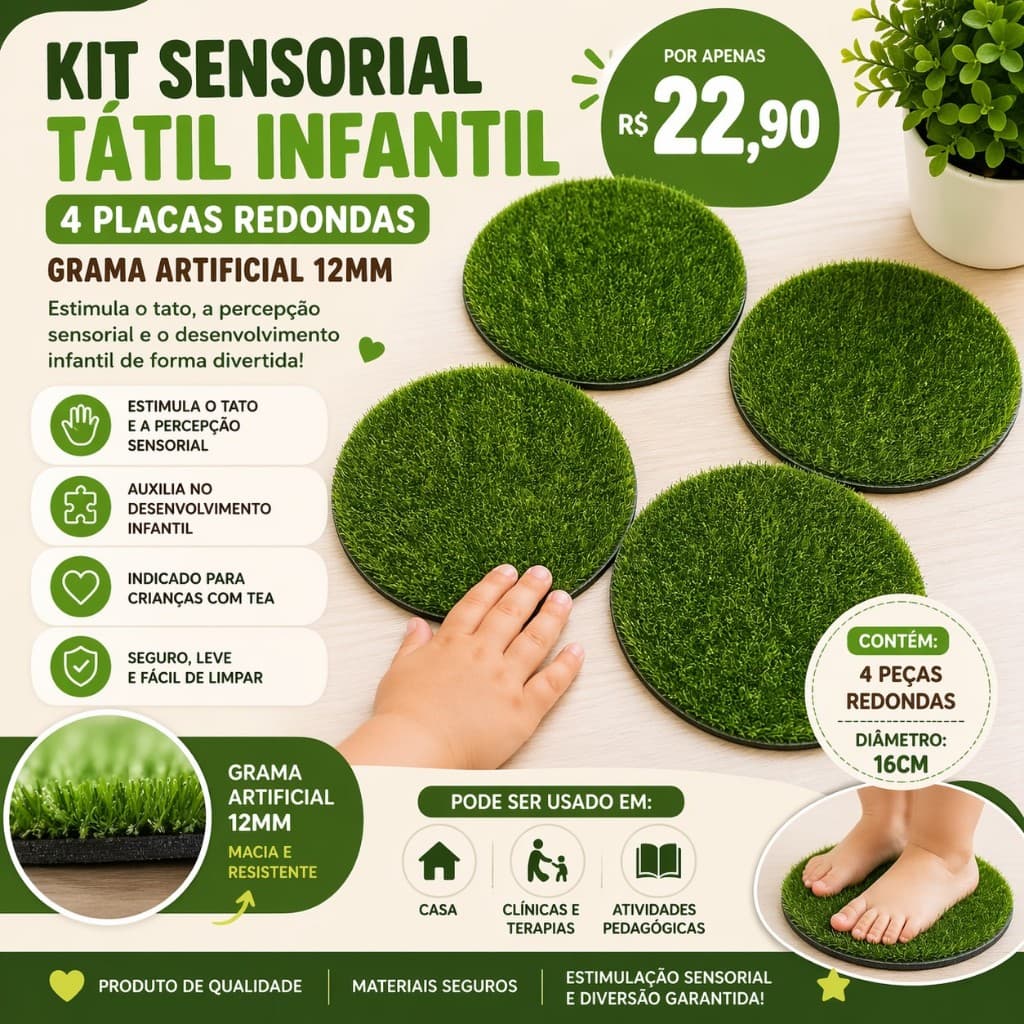 Kit Sensorial Tátil Infantil – 4 Placas Redondas 16cm Grama 12mm (Estimulação TEA)
