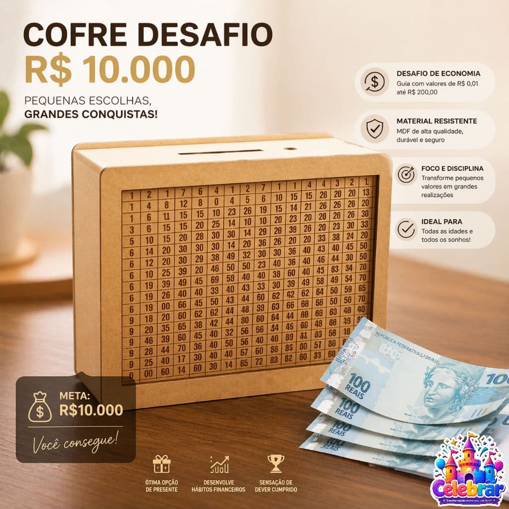 Cofre Desafio para Economizar Dinheiro e Moedas 10000 5000 1000