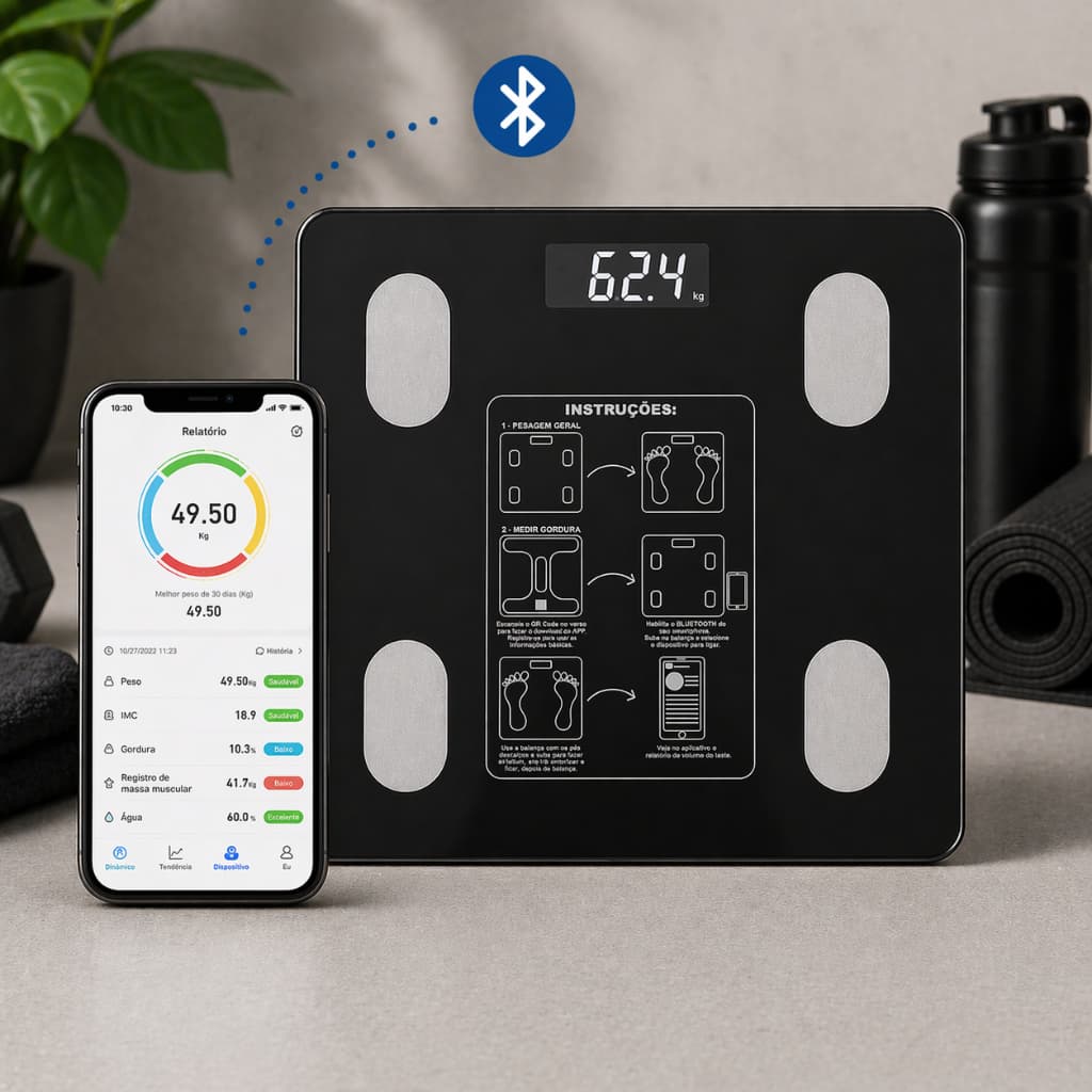 Balança Inteligente Bioimpedância Digital até 180kg | App via Bluetooth | Análise Corporal, Gordura e IMC