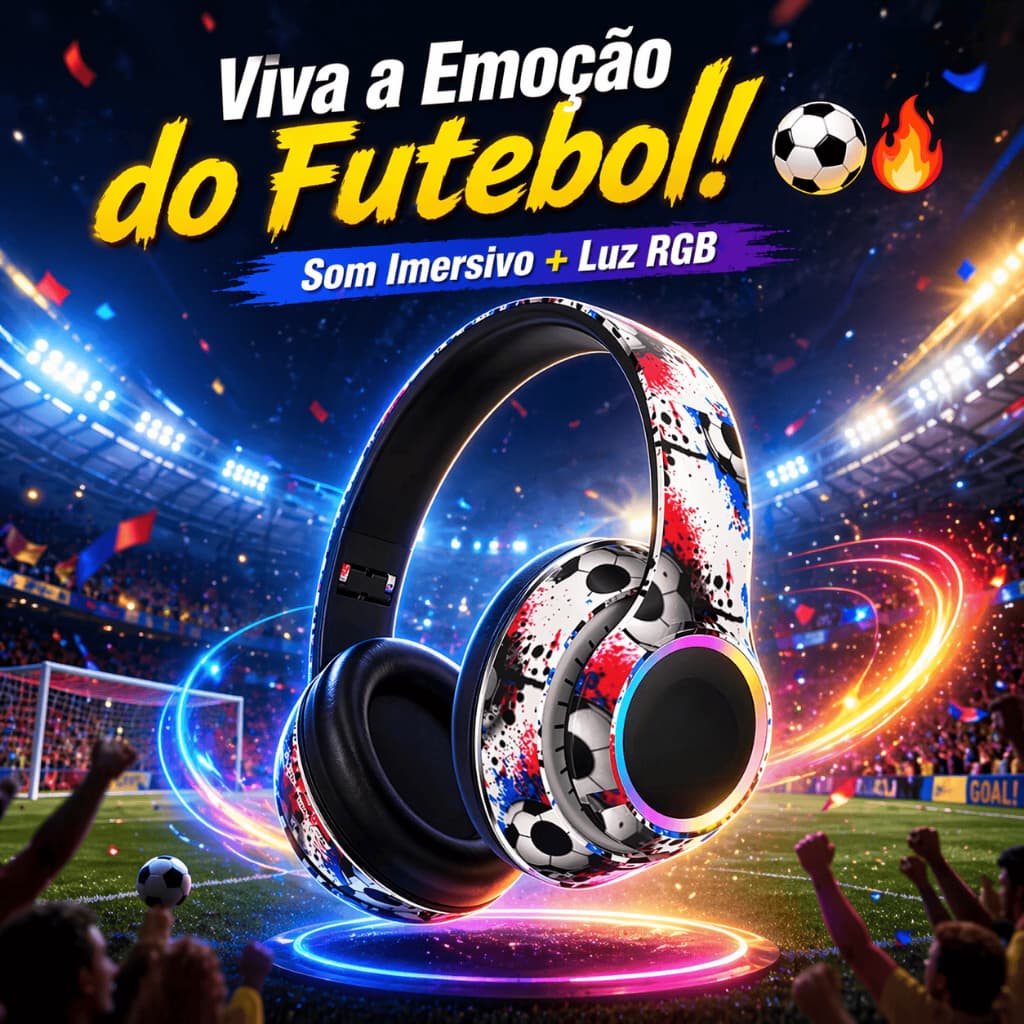 Fone de Ouvido Bluetooth RGB Sem Fio Estilo Futebol Over-Ear Som Potente Bivolt Compatível Celular Gamer