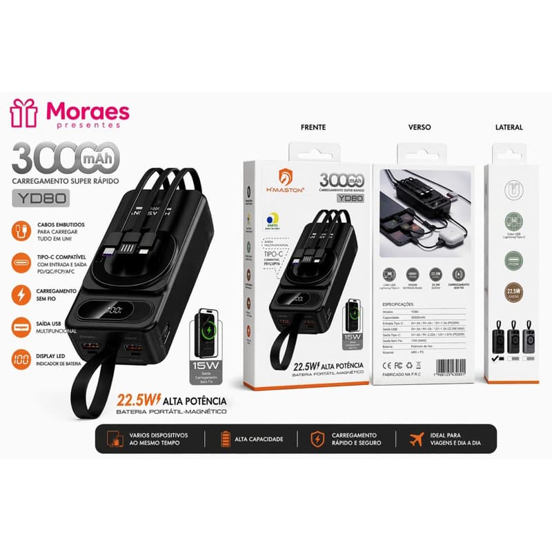 Power bank 30000mAh com indução, cabos embutidos, carga rápida 22.5W e múltiplas saídas. Ideal para viagens.