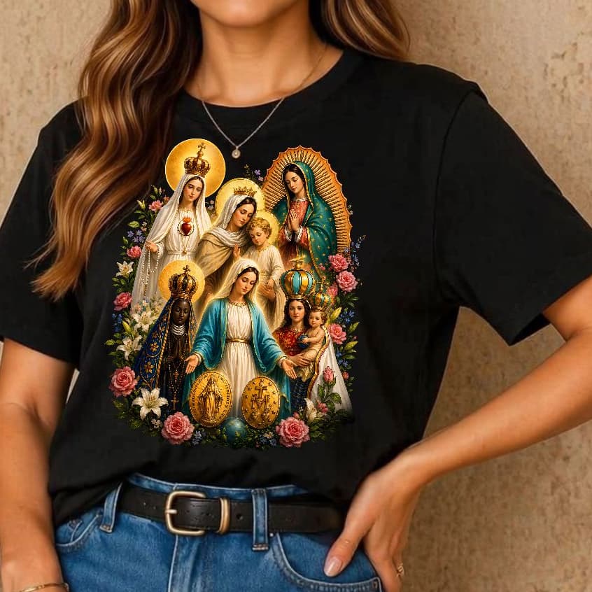 blusa camiseta VIRGEM MARIA SANTAS realistas, NOSSA SENHORA APARECIDA GUADALUPE DAS GRAÇAS, estampa católica gospel