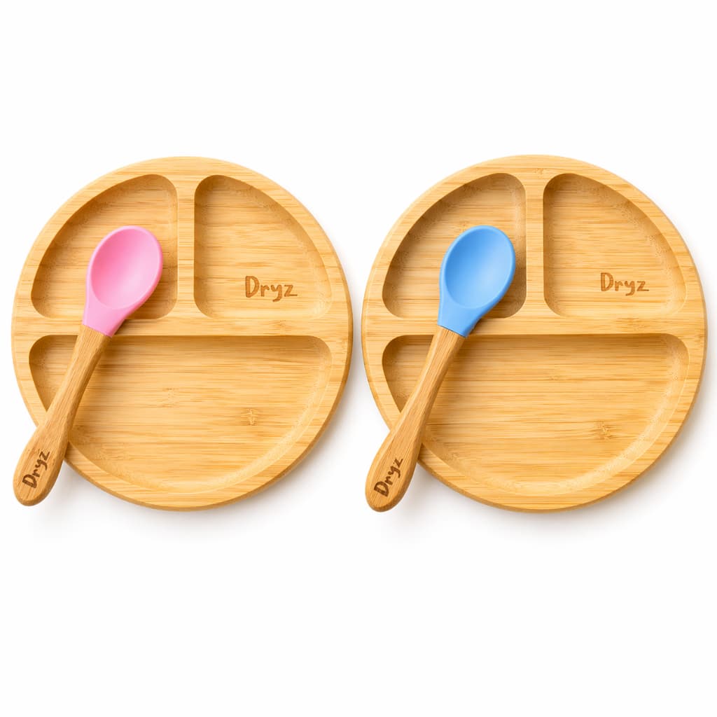 Kit Prato com Colher Infantil Dryz Bambu com Ventosa – Antiderrapante, Sem BPA, Introdução Alimentar