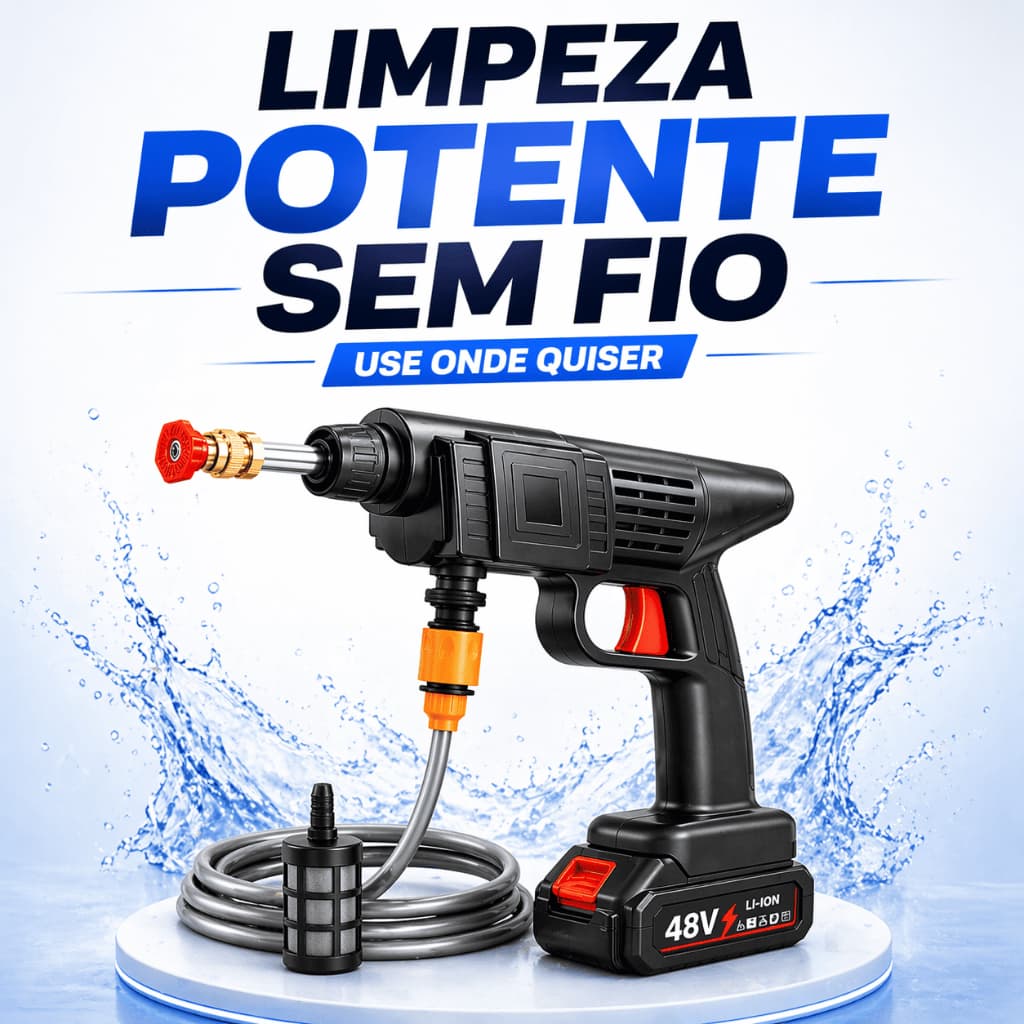 Lavadora Alta Pressão Portátil 48V Sem Fio com 2 Baterias Jato Forte Carro Moto