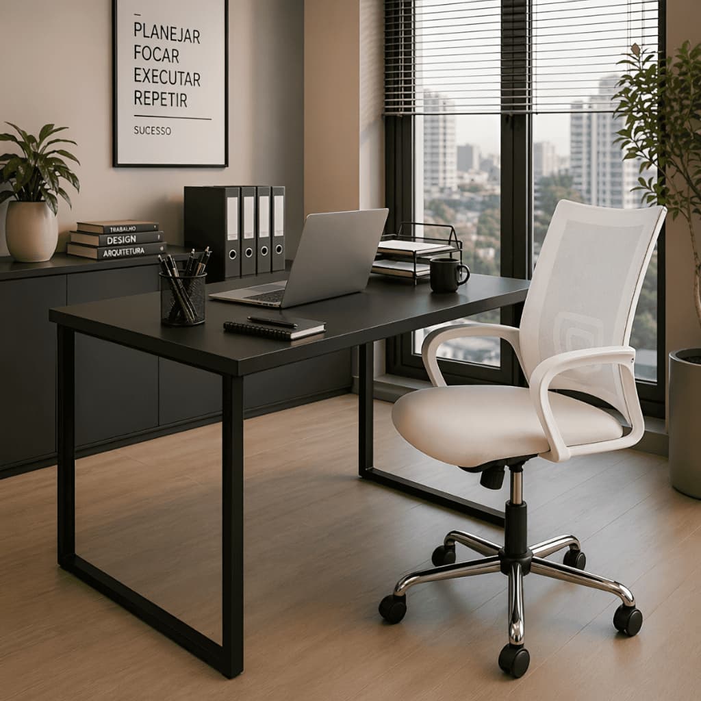 Kit Mesa Industrial Compacta 90x60 + Cadeira de Escritório Confortável Mesh Para Escritório ADM SAC
