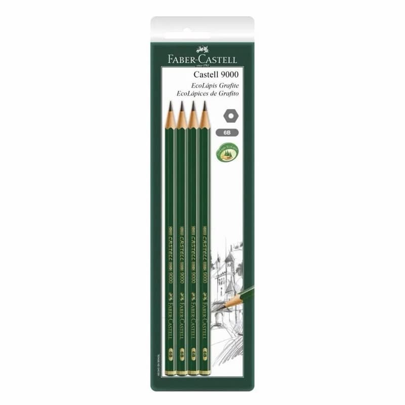 Lápis de Escrever Grafite Faber-Castell 9000 6B Madeira Ecológica 4 Unidades