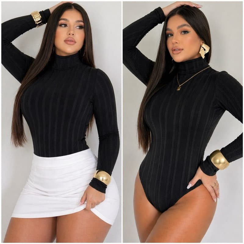 Cacharrel Body Femenino Gola Alta Manga Longa Outono/Inverno Moda Frío