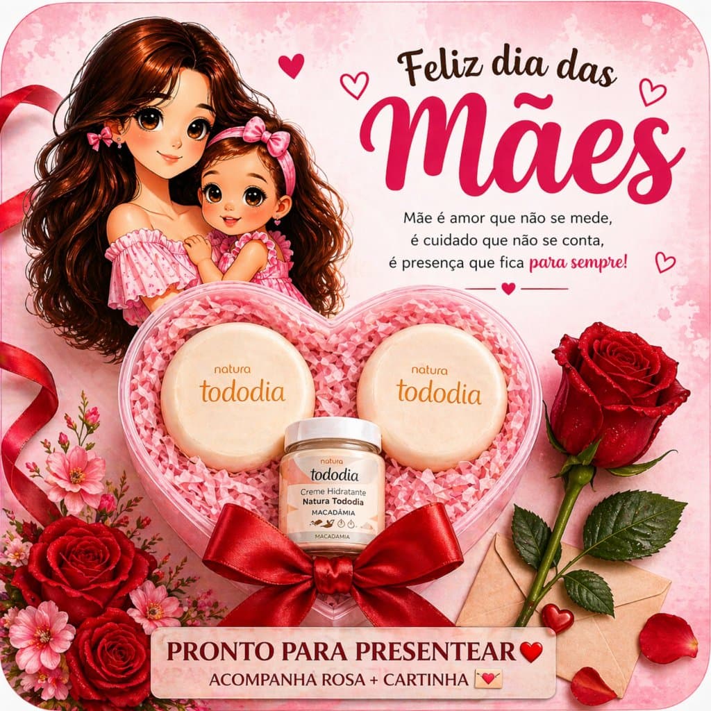 Presente Dia das Mães Natura Tododia - Sabonete + Creme + Ursinho + Rosa + Cartinha - Envio Full