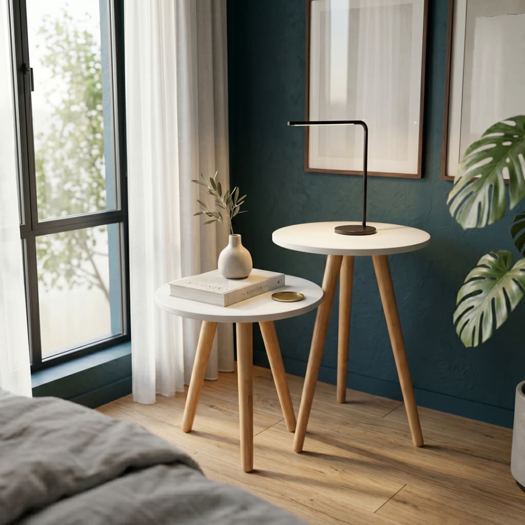 Conjunto de Mesinhas Canto E Apoio Pe Palito Madeira Tripe Porta Quadros E Objetos Branco Ou Preto
