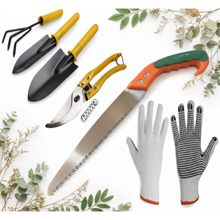 Kit 6 Peças Jardinagem Ferramentas Tesoura Para Poda Ancinho Luva Jardineiro Serrote / Cerrote