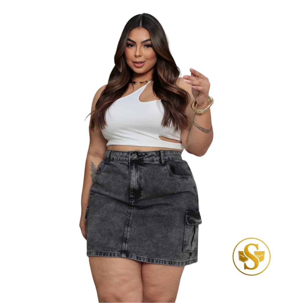 Saia Jeans Cargo Plus Size Confortável 100% Algodão Cintura Alta Bolsos Laterais 46 ao 54 Grafite
