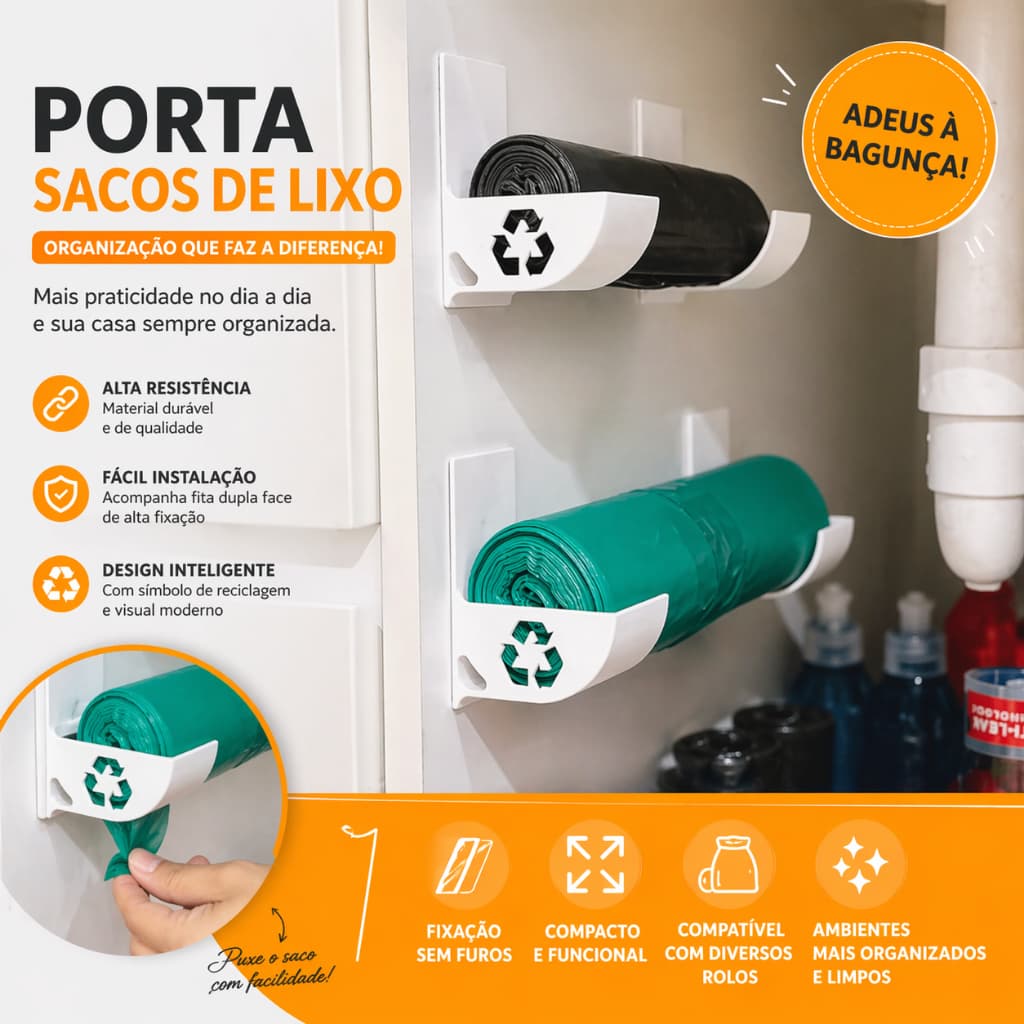 Suporte para sacos de lixo plasticos e sacolas super pratico / cozinha, lavanderia e banheiro / colavel
