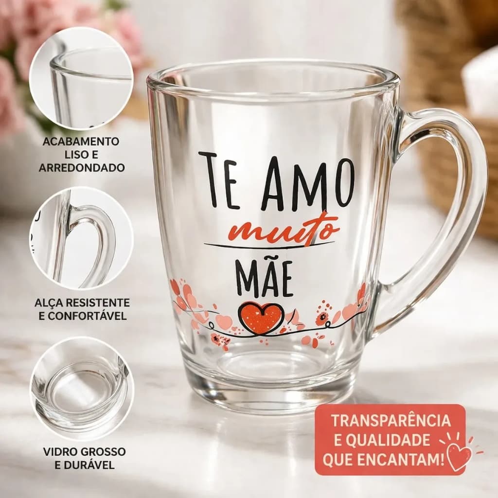 CANECA DE VIDRO TE AMO MUITO MAE 320ML
