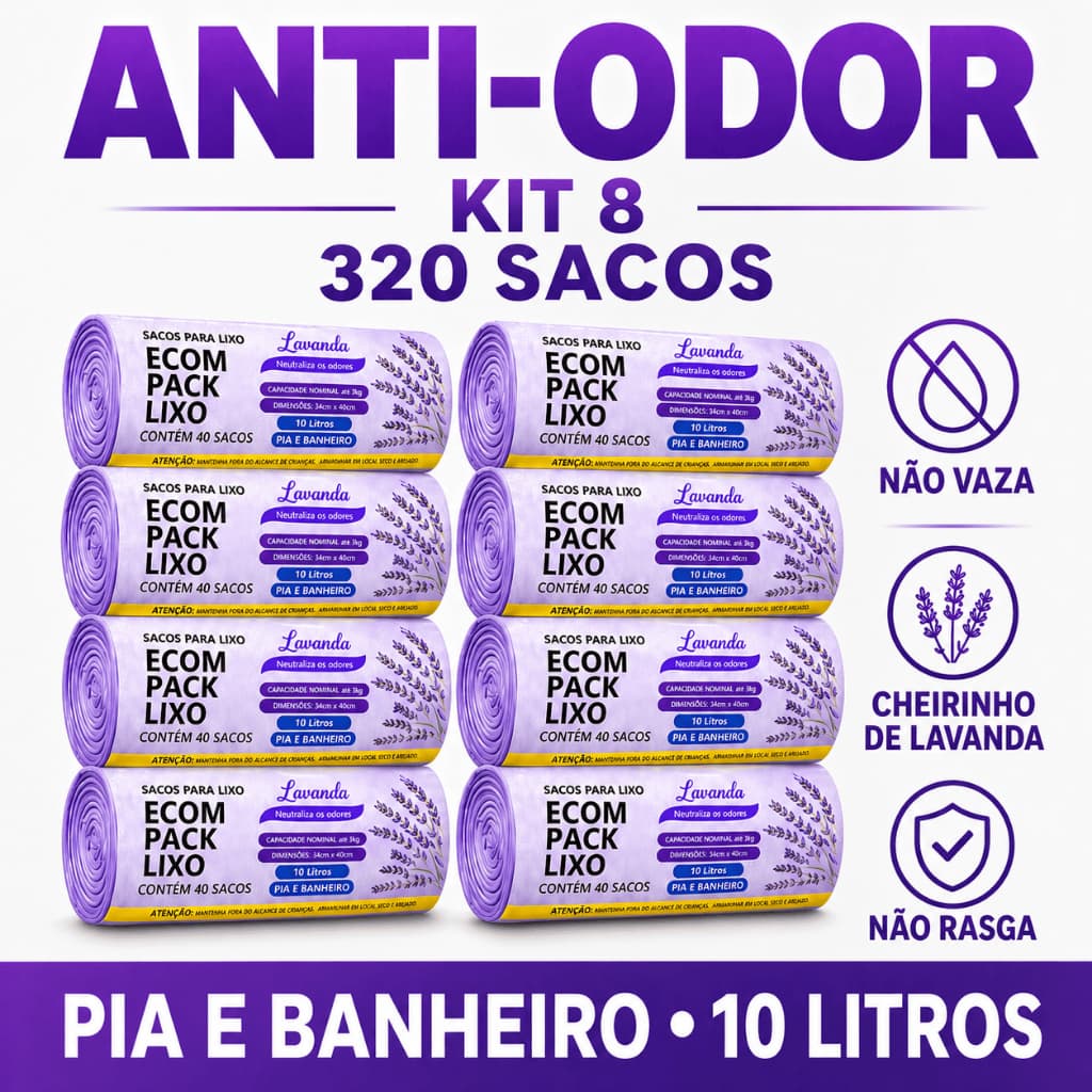 Kit 8 Saco Lixo Lavanda 10L Banheiro Pia Reforçado Anti-Odor Não Vaza 320 Sacos Durável Higienico