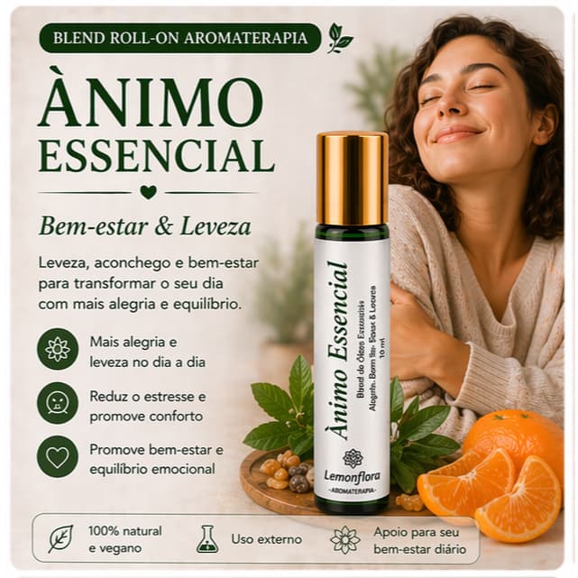 Blend Roll-On  Ânimo, Bem-Estar, Alegria & Leveza | Aromaterapia 10ml I Copaíba, Manjerona & Mandarina | Lemonflora