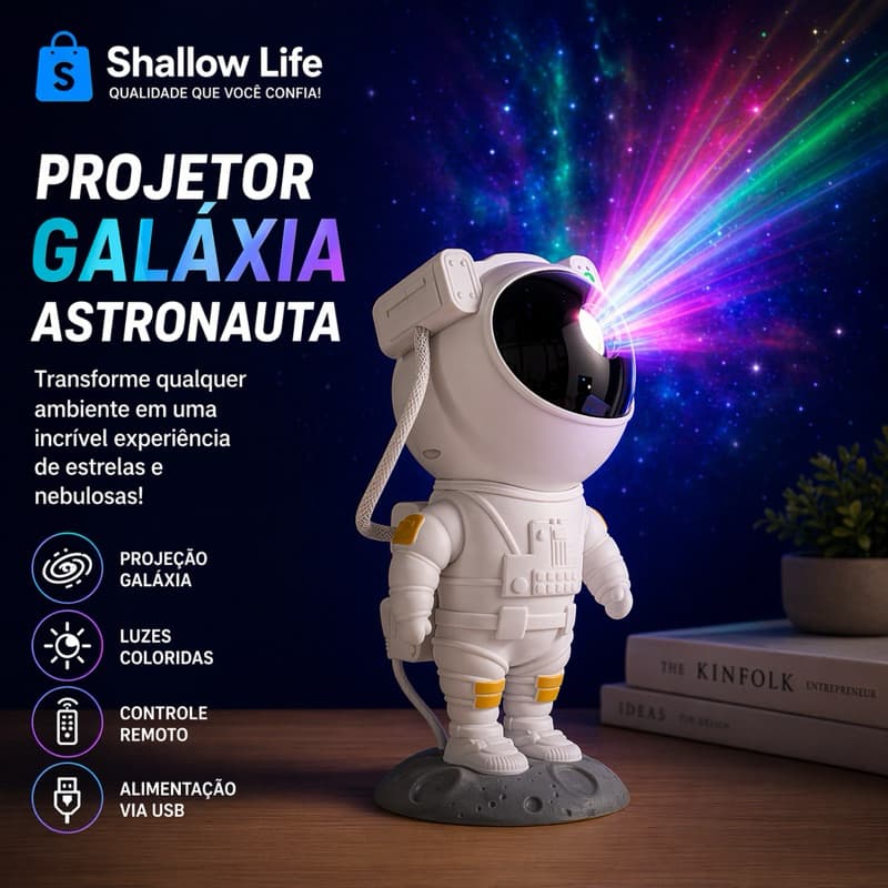 Projetor Galáxia Astronauta LED 360° com Controle – Luz Noturna Estrelada RGB para Quarto
