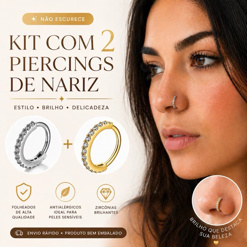 Kit 2 Piercings Nariz Argola Cravejada Folheado Ouro/Prata Antialérgico Não Escurece Alta Qualidade